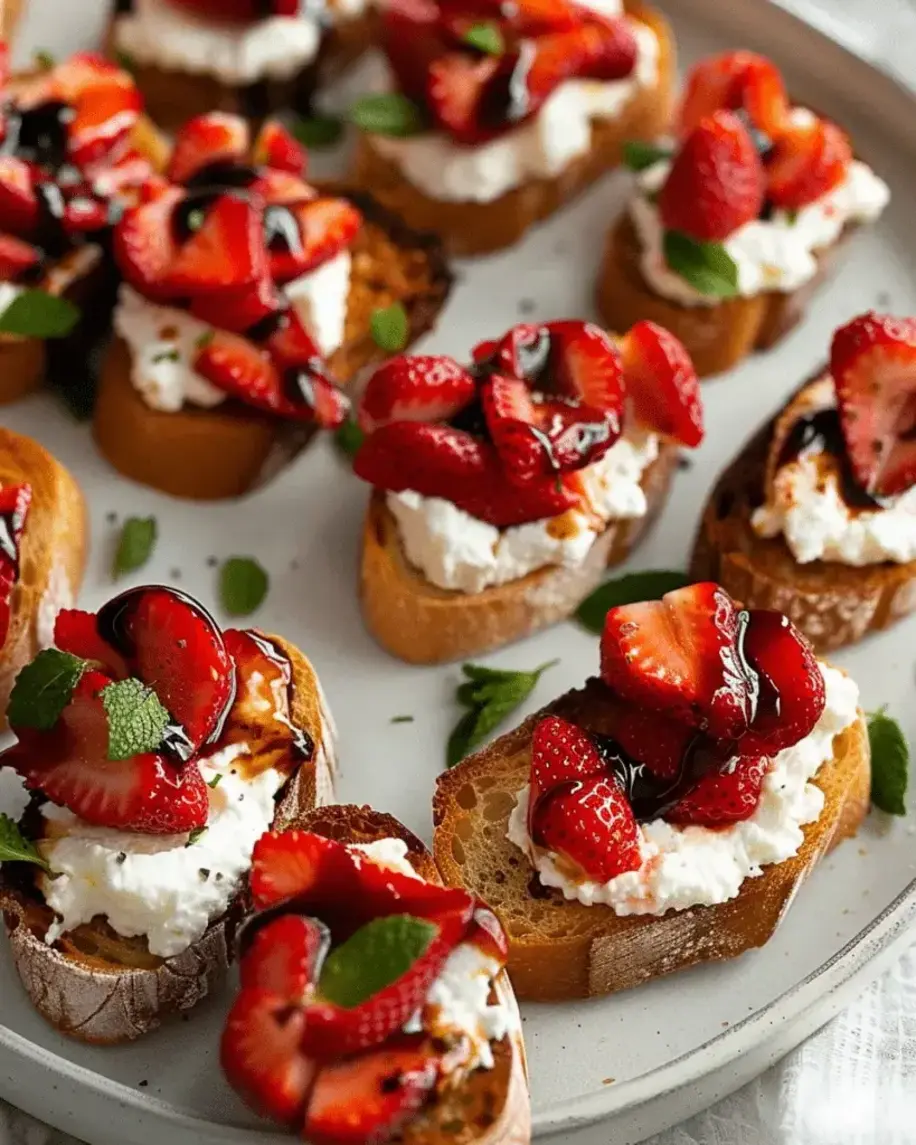 Finished Strawberry Ricotta Crostini on a decorative platter