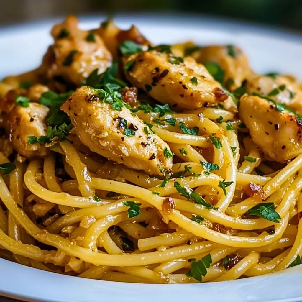 Monterey Chicken Spaghetti dish with chicken, spaghetti, and creamy sauce.