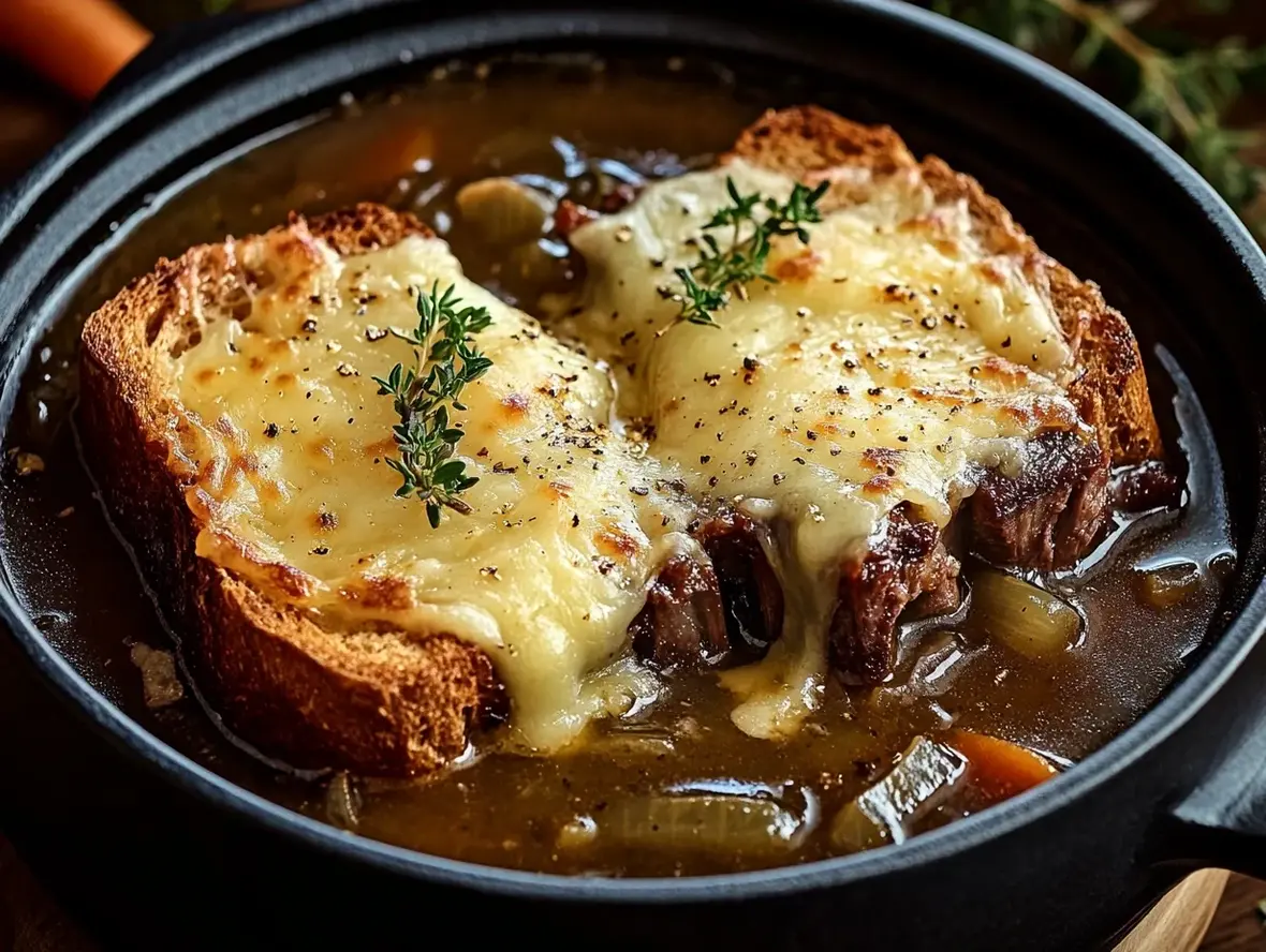 A steaming bowl of hearty short rib soup with tender beef chunks and vegetables.