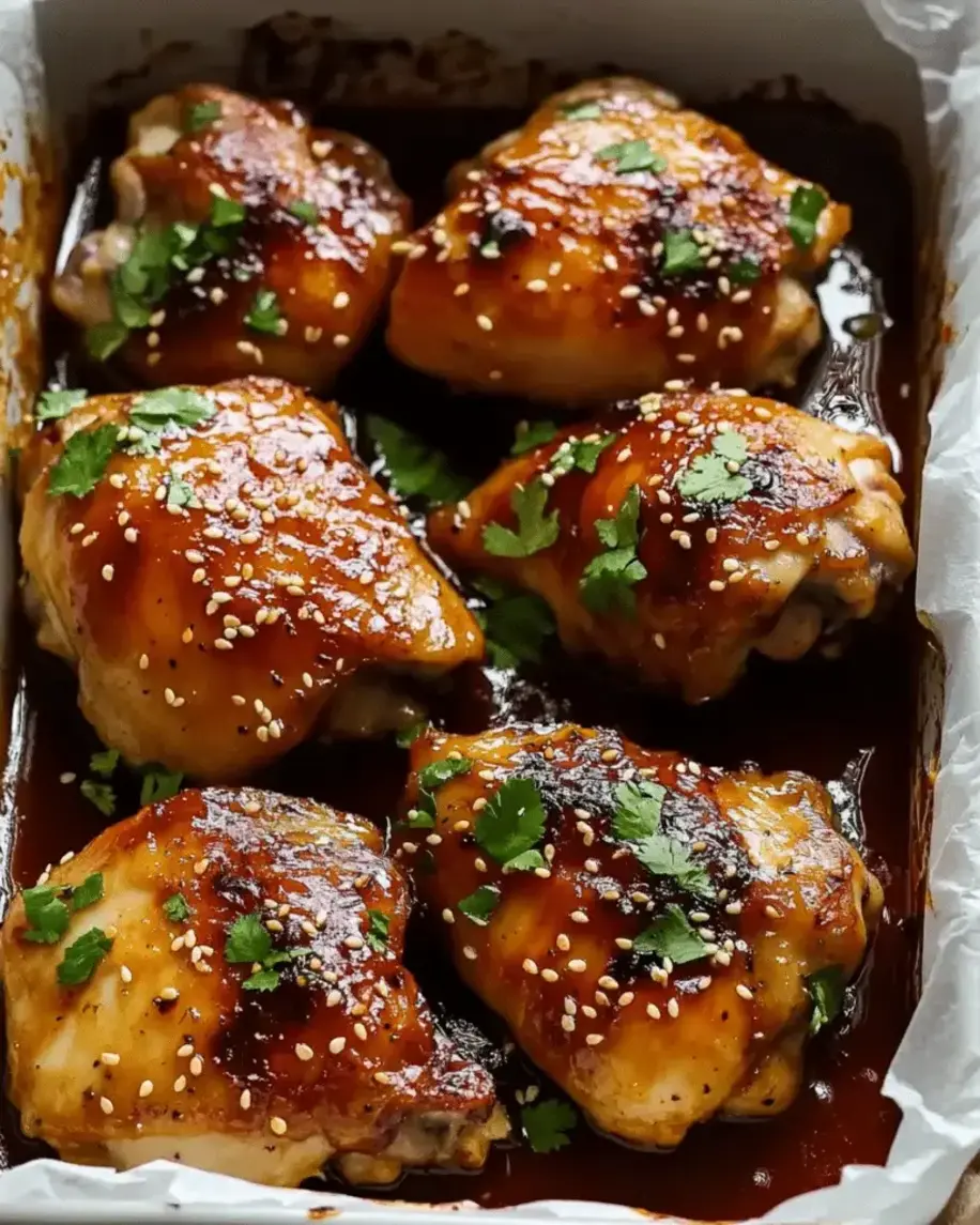 Close-up of sticky glazed baked chicken thighs or drumsticks on a plate