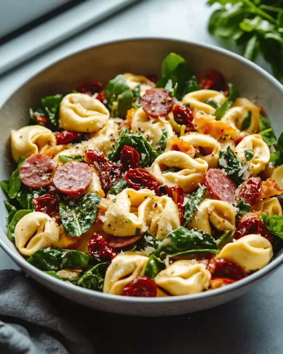 Close-up of Italian Tortellini Salad ingredients being tossed