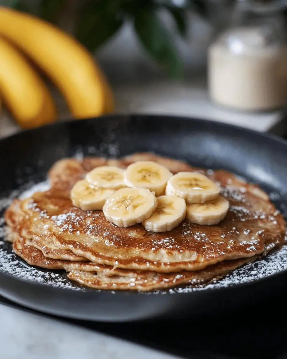 A fluffy stack of fresh gluten-free banana pancakes with maple syrup drizzling down the sides.