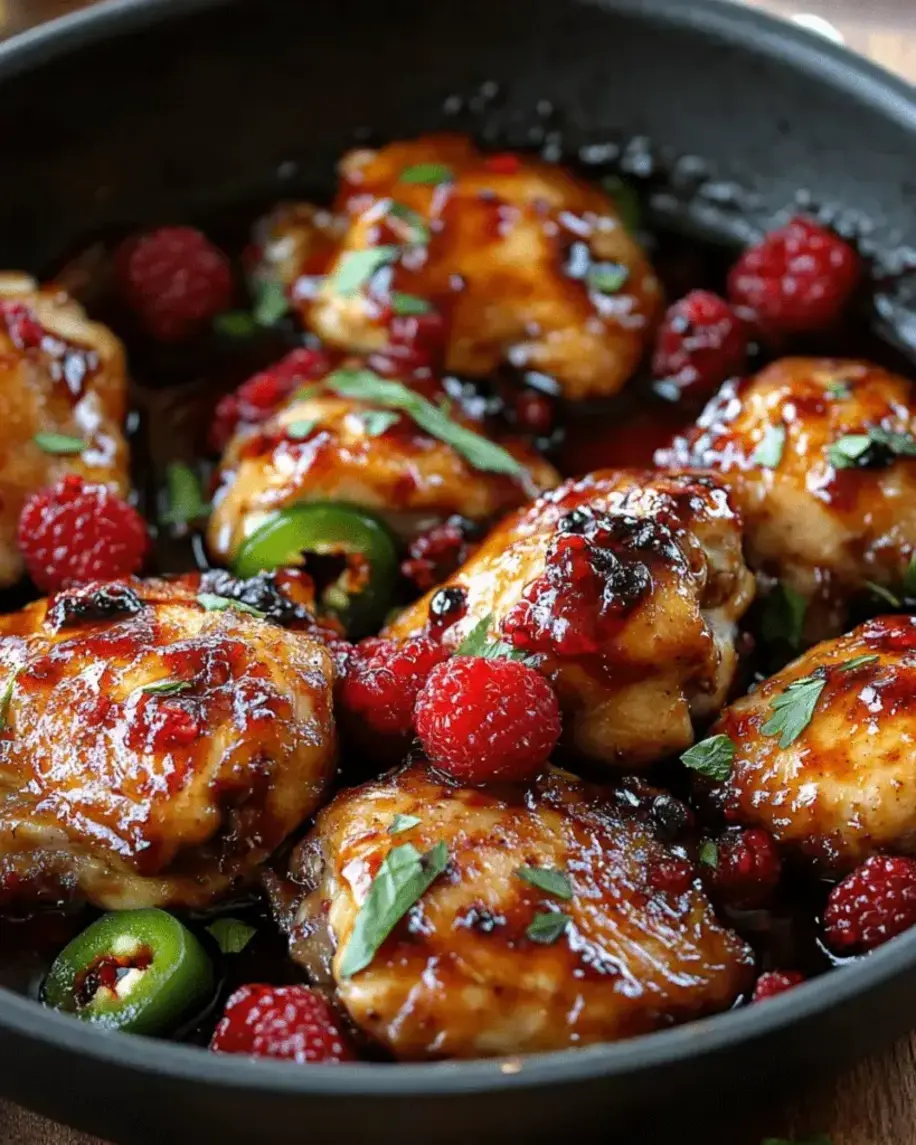 Close up of a serving of Spicy Raspberry Glazed Chicken with fresh raspberries.