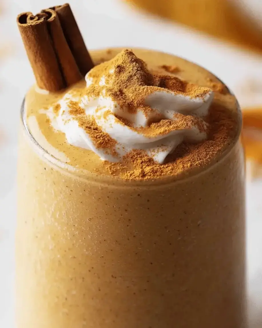 A cozy fall setup with glasses of pumpkin spice smoothie, leaves, and spices displayed