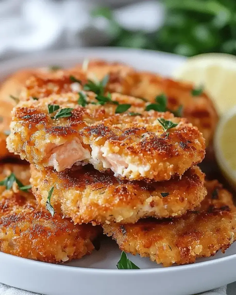 A close-up of salmon patties on a plate with side salad, highlighting the golden crust, herb garnish, and inviting steam.