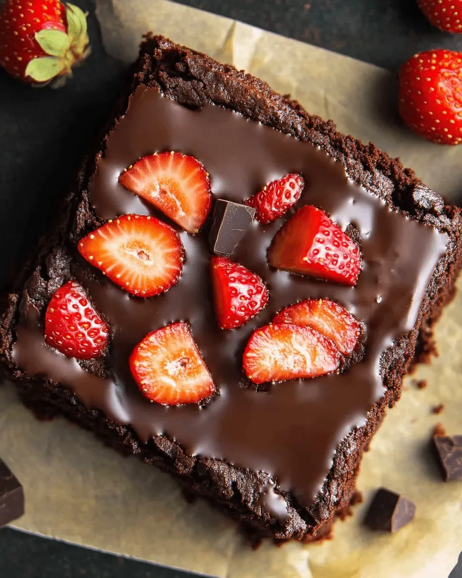 Close-up view of decadent chocolate strawberry brownies fresh out of the oven