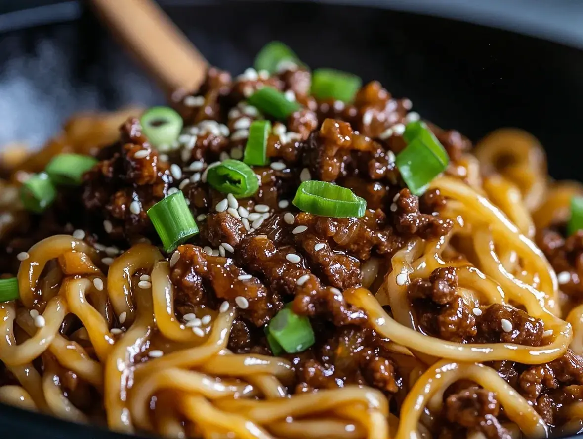 Deliciously saucy Mongolian ground beef noodles in a wok.