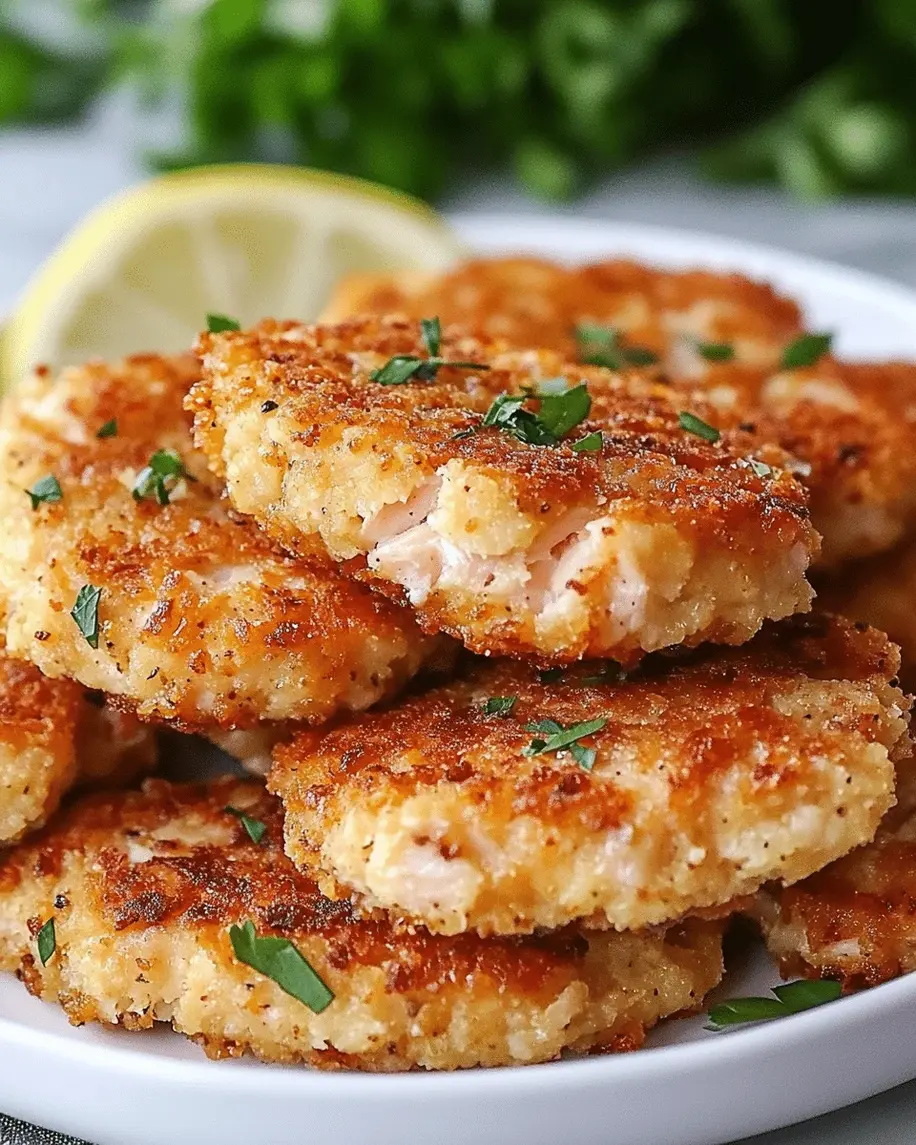 Crispy golden salmon patties fresh off the pan, garnished with parsley and lemon wedges, showcasing the outer crunch and tender interior.