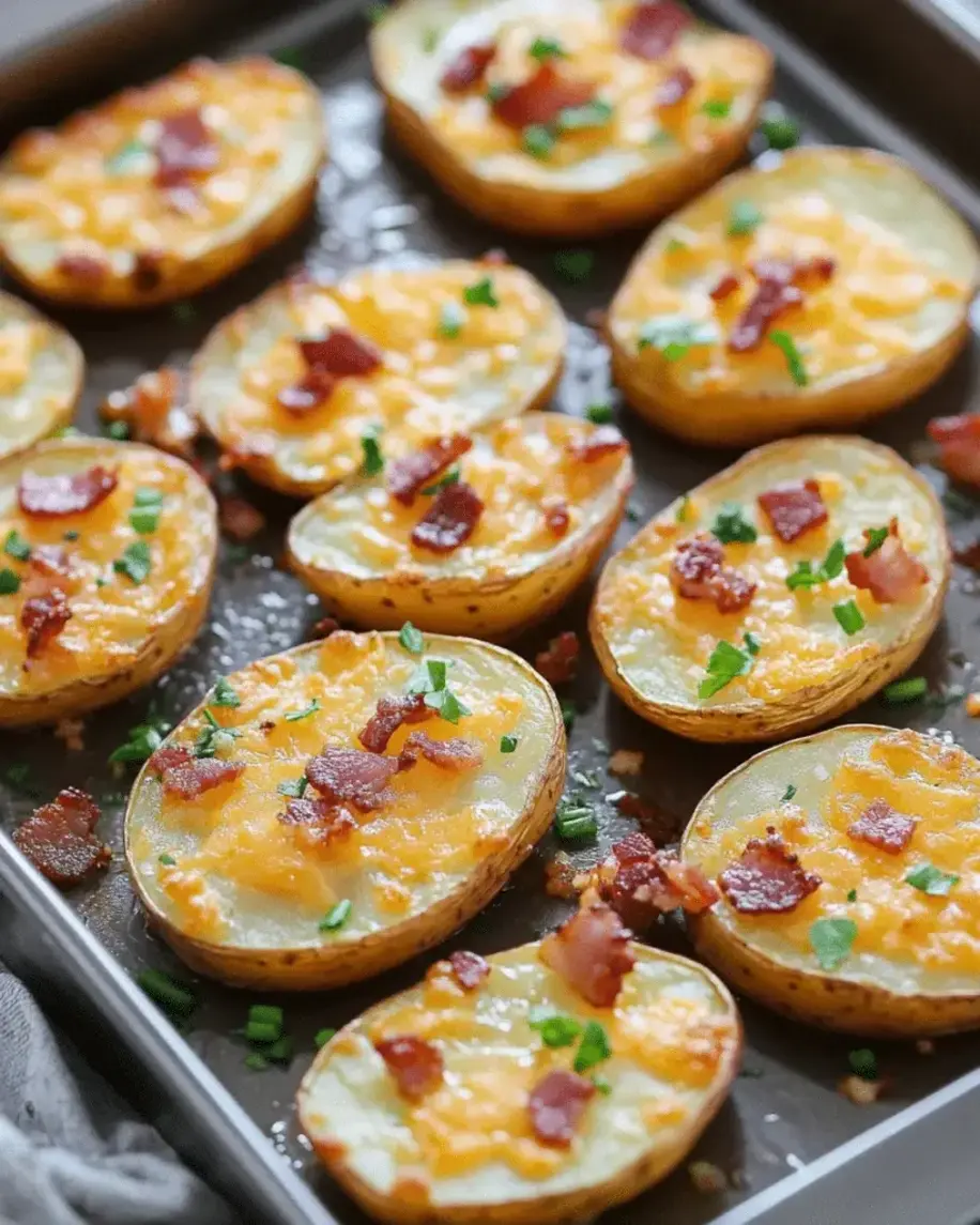 Finished crispy cheesy bacon red potato slices garnished and ready to serve