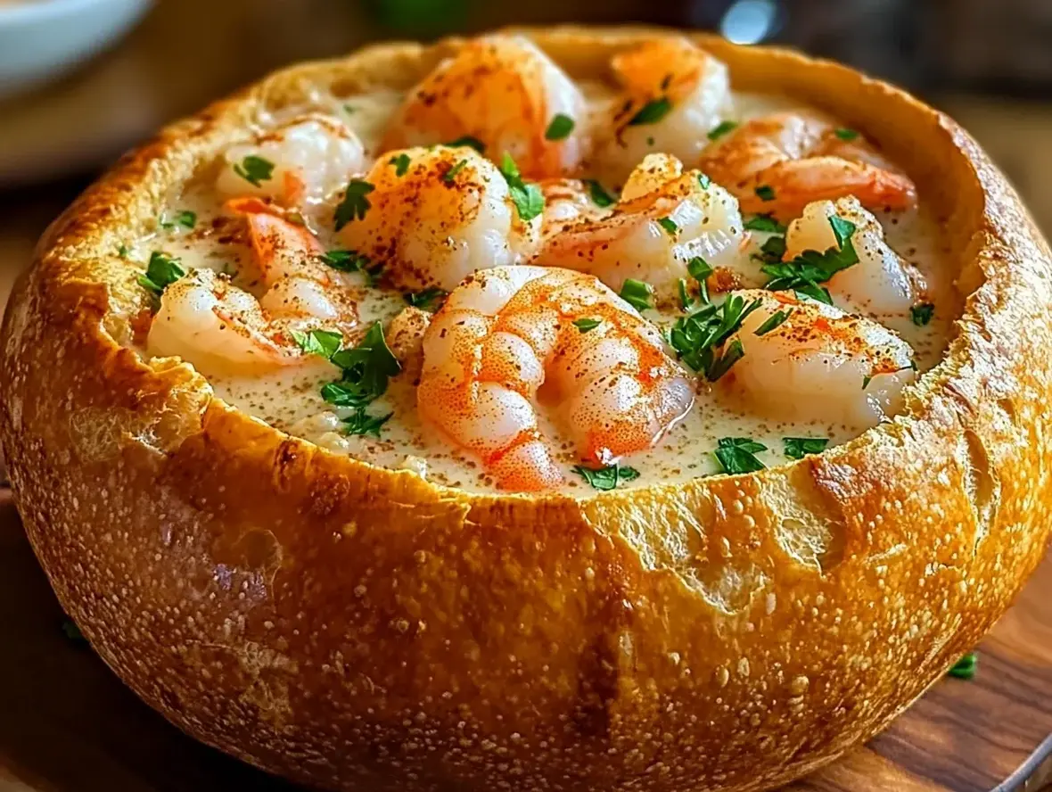 Stuffed Seafood Bread Bowl - a delicious and creamy seafood filling baked inside a crusty bread bowl, garnished with fresh parsley.