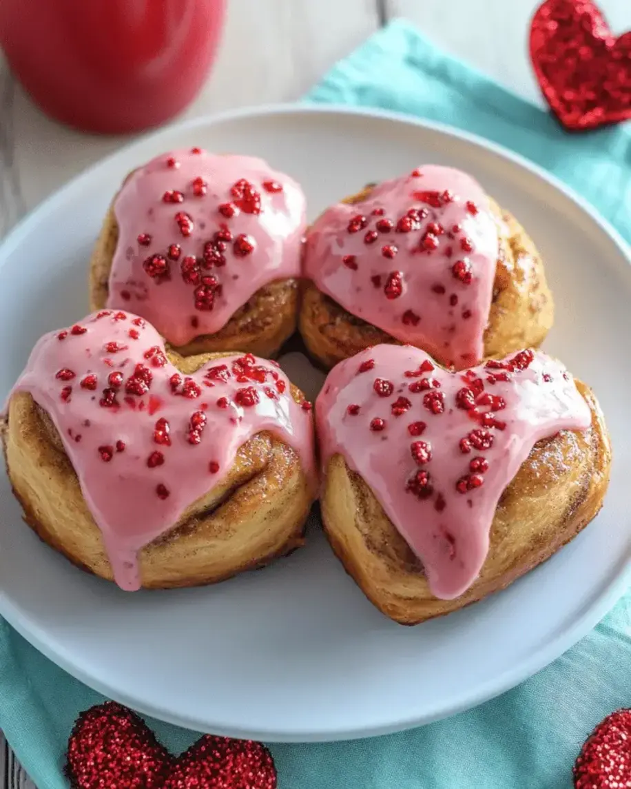 Plated Easy Valentine’s Day Cinnamon Rolls with Pink Icing and heart decorations