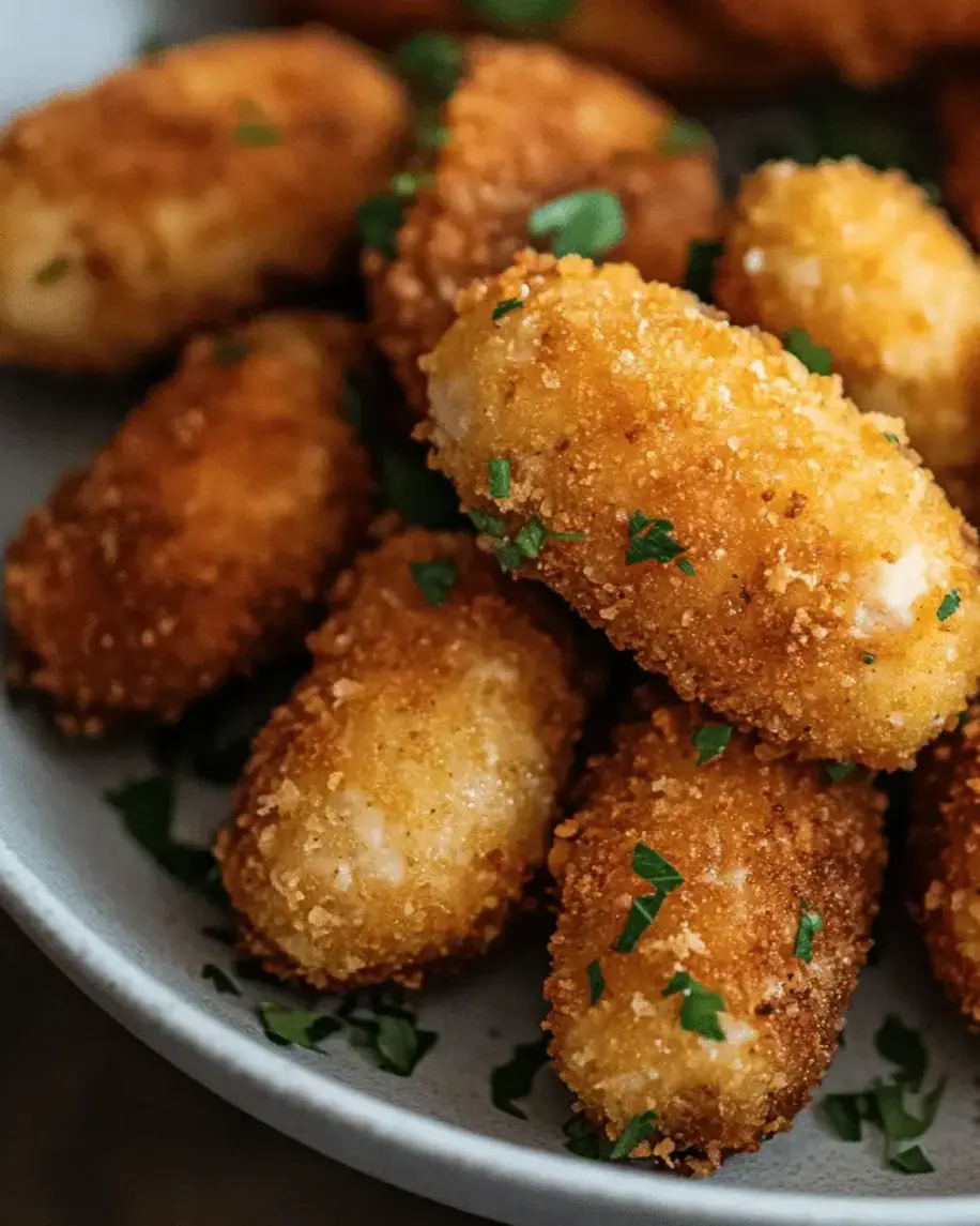 Crispy chicken croquettes arranged on a platter, showcasing their golden-brown exterior.