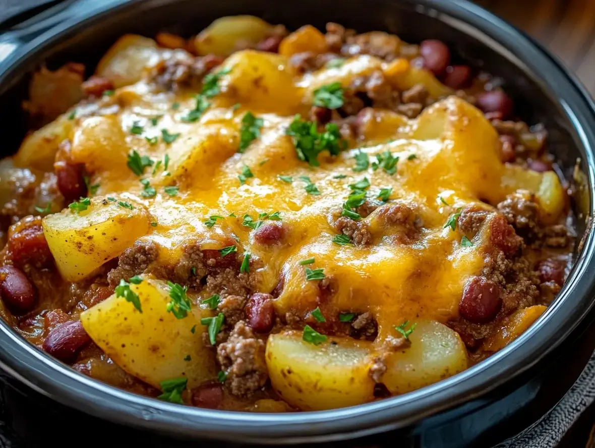 A delicious looking slow cooker cowboy potato casserole in a serving dish.