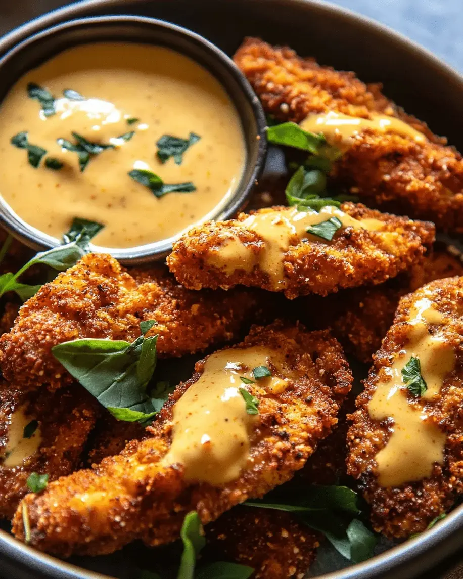 Crispy pretzel-crusted chicken served with a side of cheddar cheese sauce.