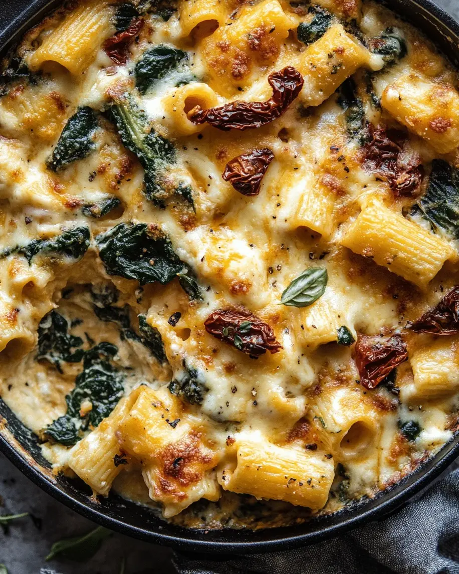 Finished Creamy Butternut Squash Rigatoni Bake in a dish, topped with melted cheese and herbs, ready to serve with fresh sides.