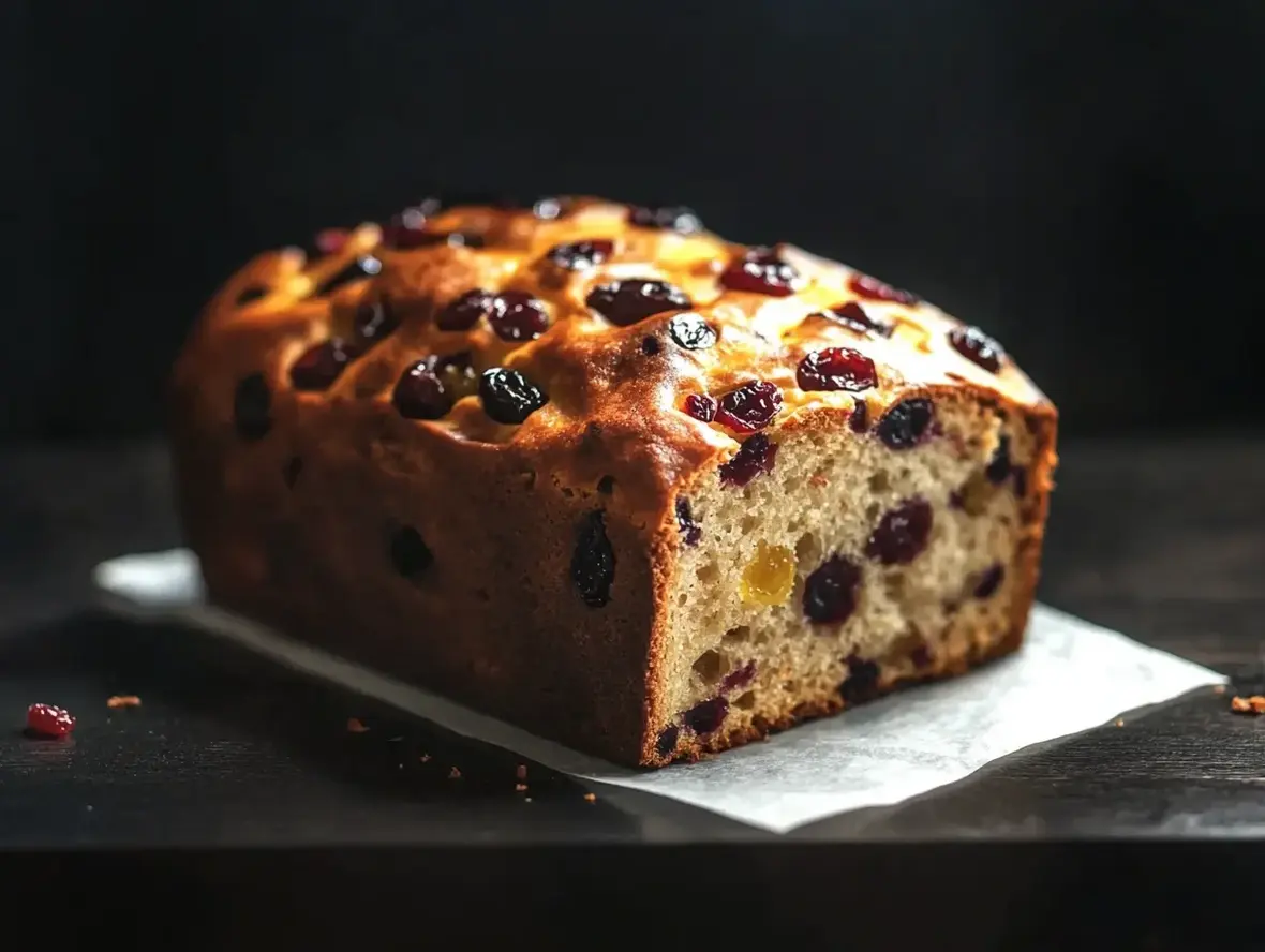 A beautifully baked fruit bread loaf with visible fruit pieces.