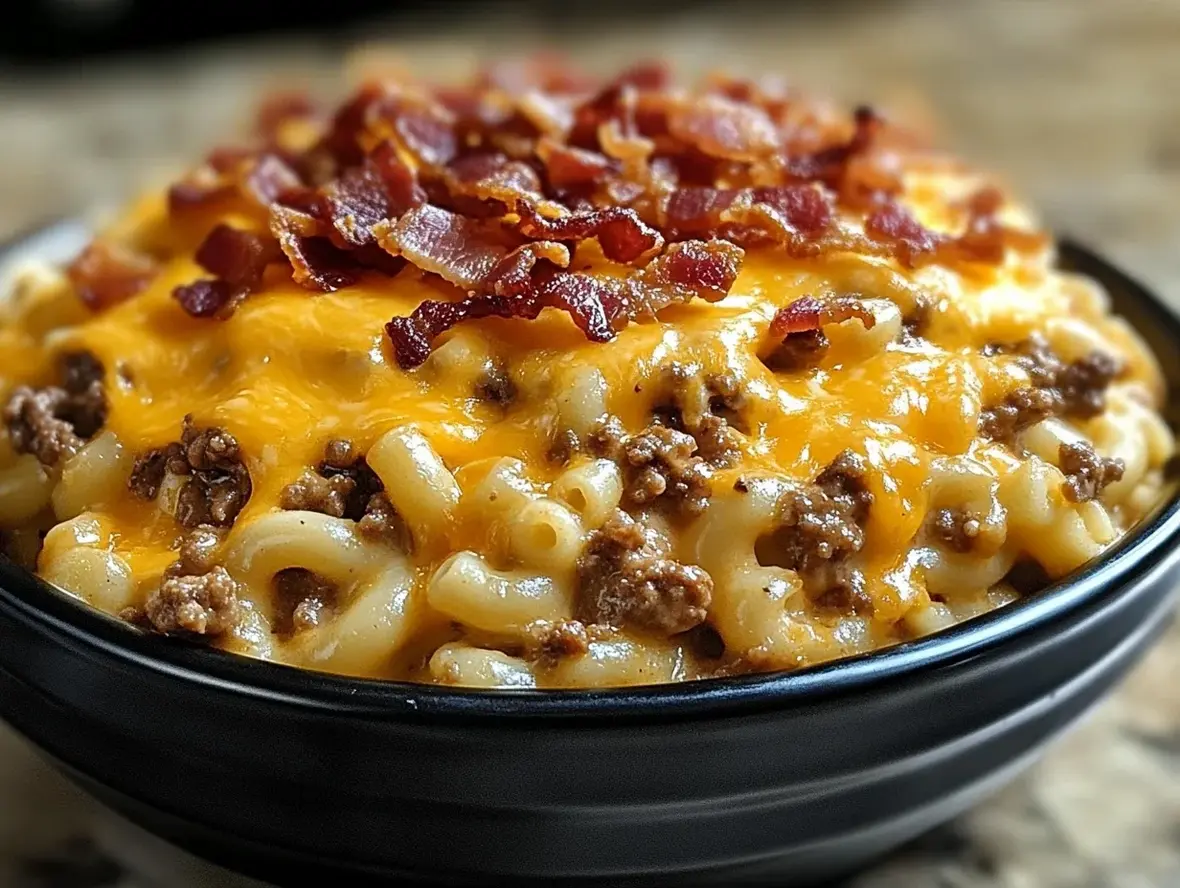 Delicious bowl of cheeseburger pasta with toppings