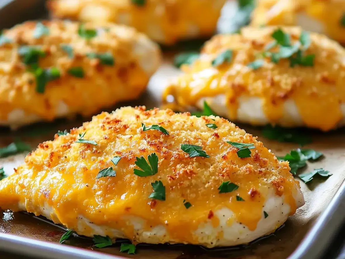 Delicious looking Crispy Cheddar Chicken on a plate