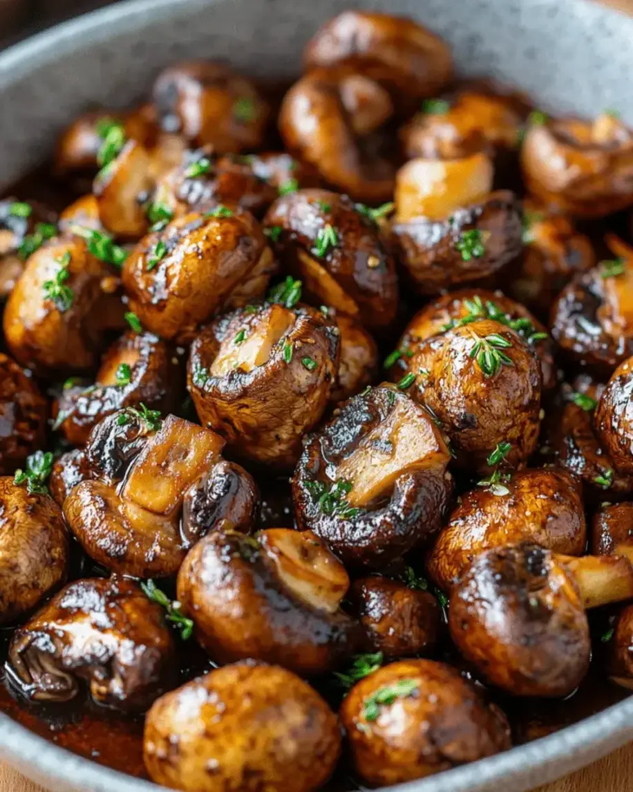 Close-up of roasted balsamic mushrooms garnished with fresh thyme