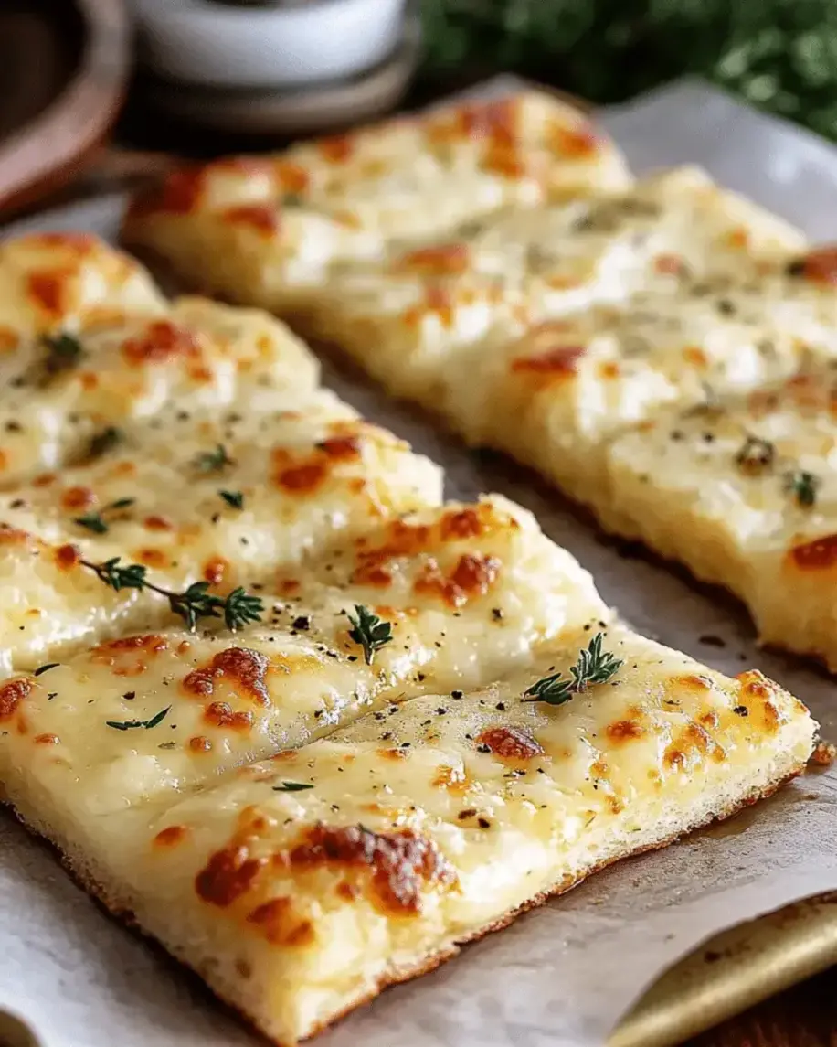Golden baked cheesy garlic breadsticks ready to serve on a wooden board
