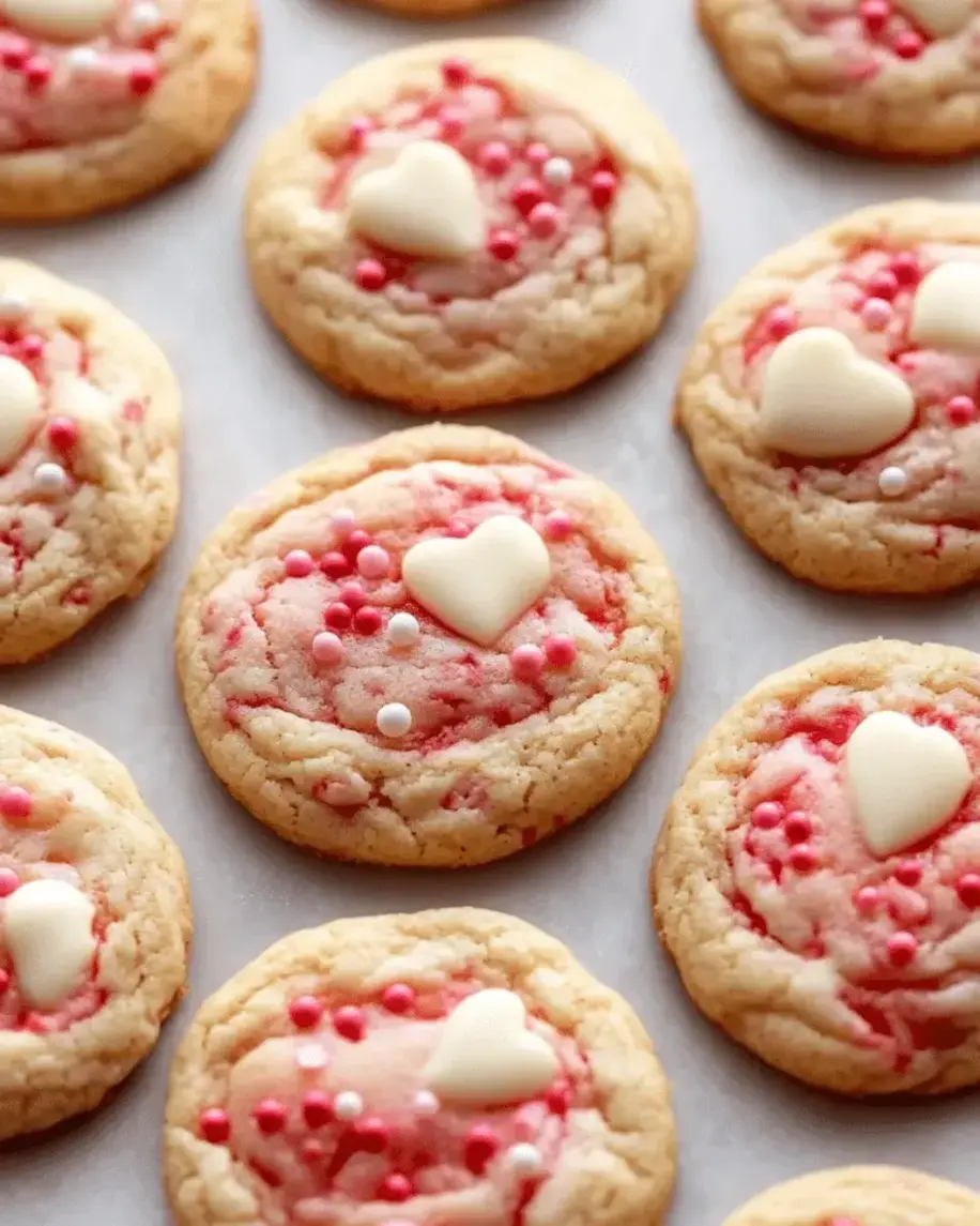 Close-up of stacked Easy Strawberry Cake Mix Cookies, showcasing their soft texture and deep strawberry color, ready to serve