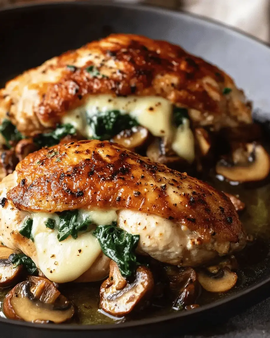Deliciously plated Stuffed Chicken Breast with Mushrooms, Spinach, and Mozzarella, showcasing the golden exterior and fresh ingredients.