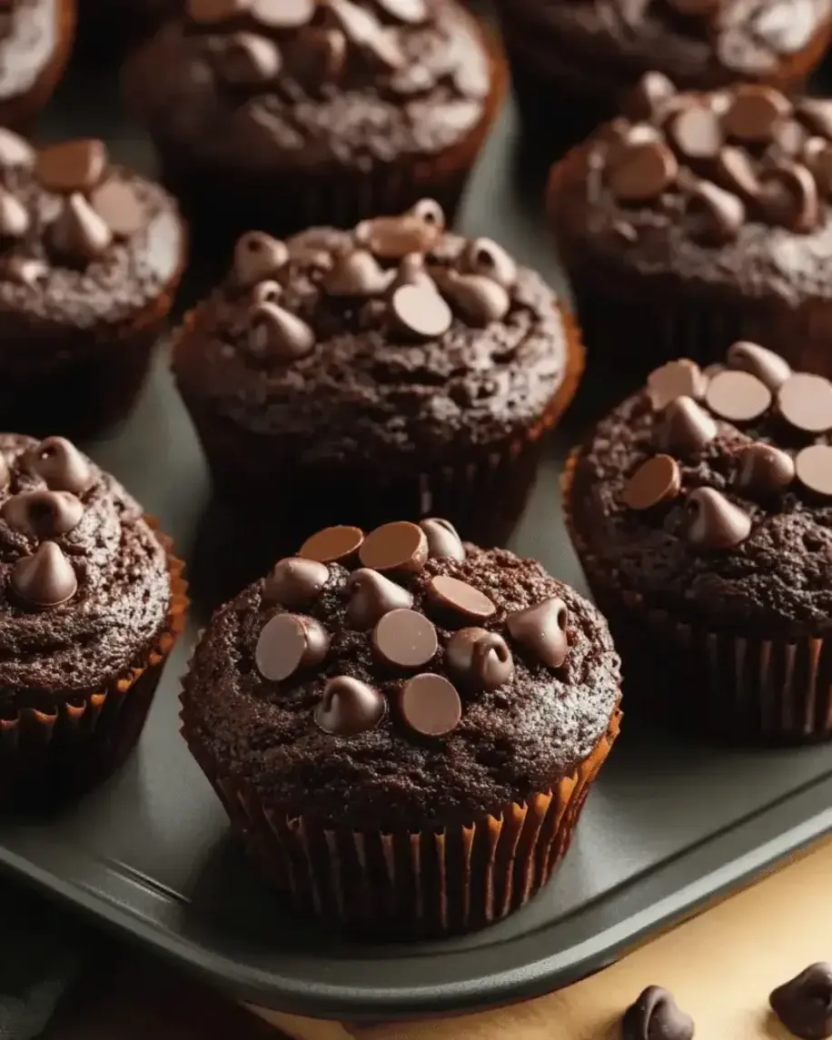 A stack of double chocolate muffins on a wooden serving tray, with a bite taken out of one to show the moist interior.