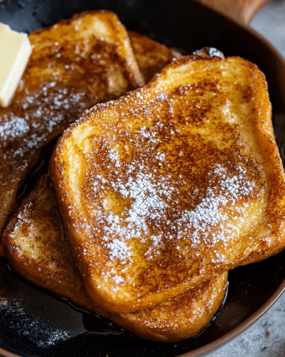 A stack of golden-brown cinnamon brioche french toast slices drizzled with syrup and dusted with powdered sugar, ready to be served.