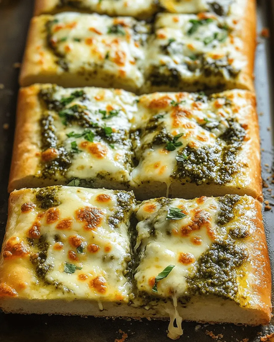 Golden, cheesy Garlic Pesto Bread fresh out of the oven, showcasing melted mozzarella and parmesan with a crispy crust.