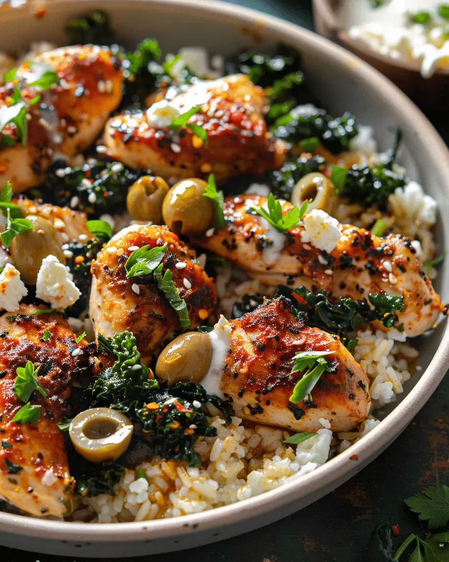 Mediterranean Chicken and Kale Bowl ingredients arranged fresh on a counter