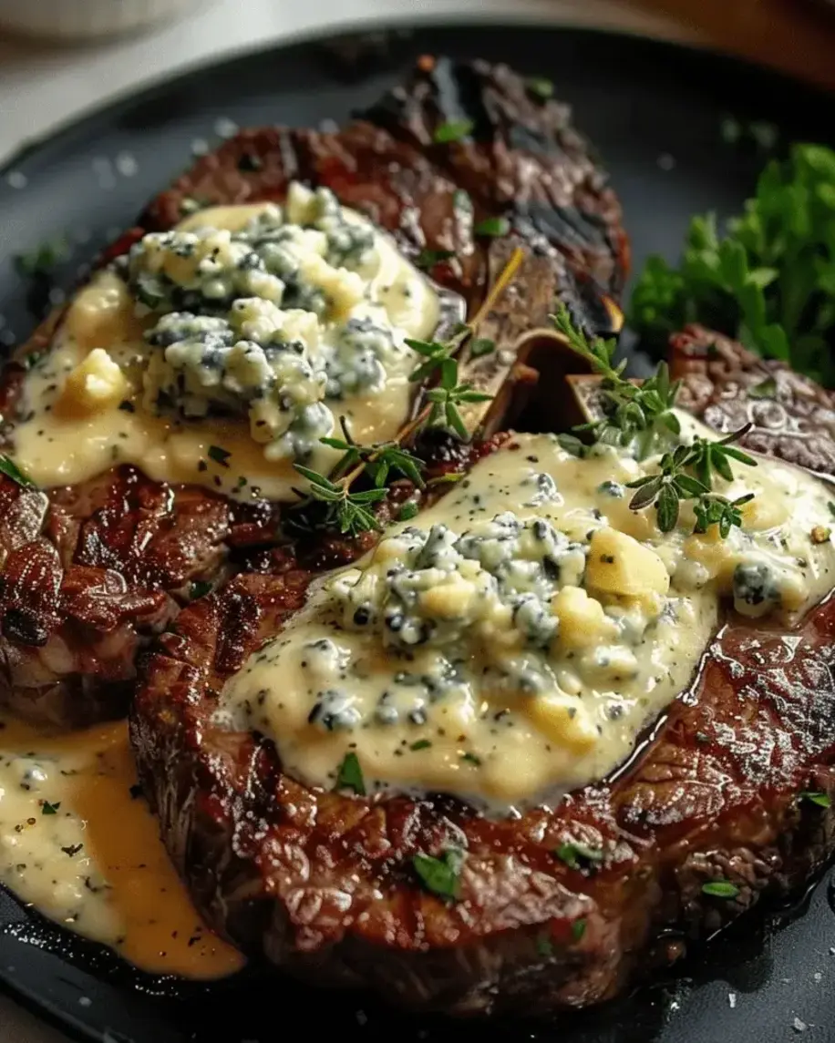 Perfectly seared Ribeye Steaks with Blue Cheese Sauce ready to serve