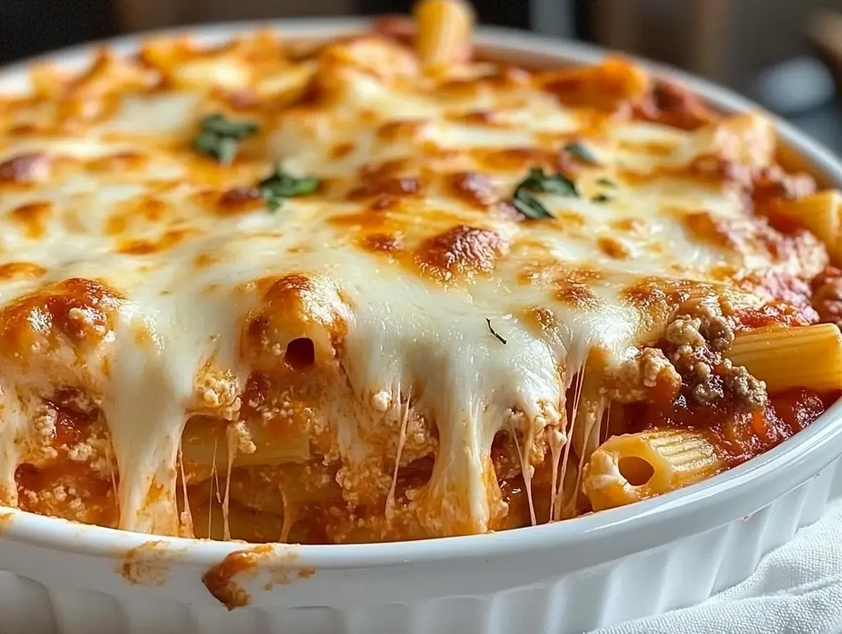 Ground Beef Baked Ziti in a baking dish, topped with melted cheese.