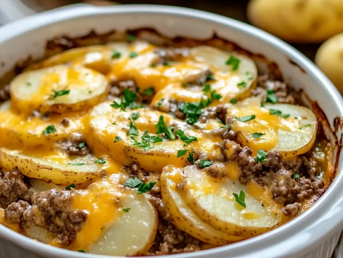 A steaming bowl of Slow Cooker Cowboy Potato Casserole, garnished with fresh parsley and a side of crusty bread.