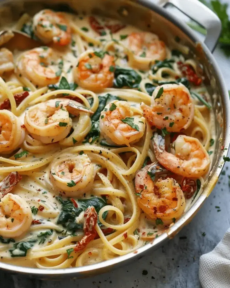Plated Creamy Tuscan Shrimp Linguine ready to serve with garnishes