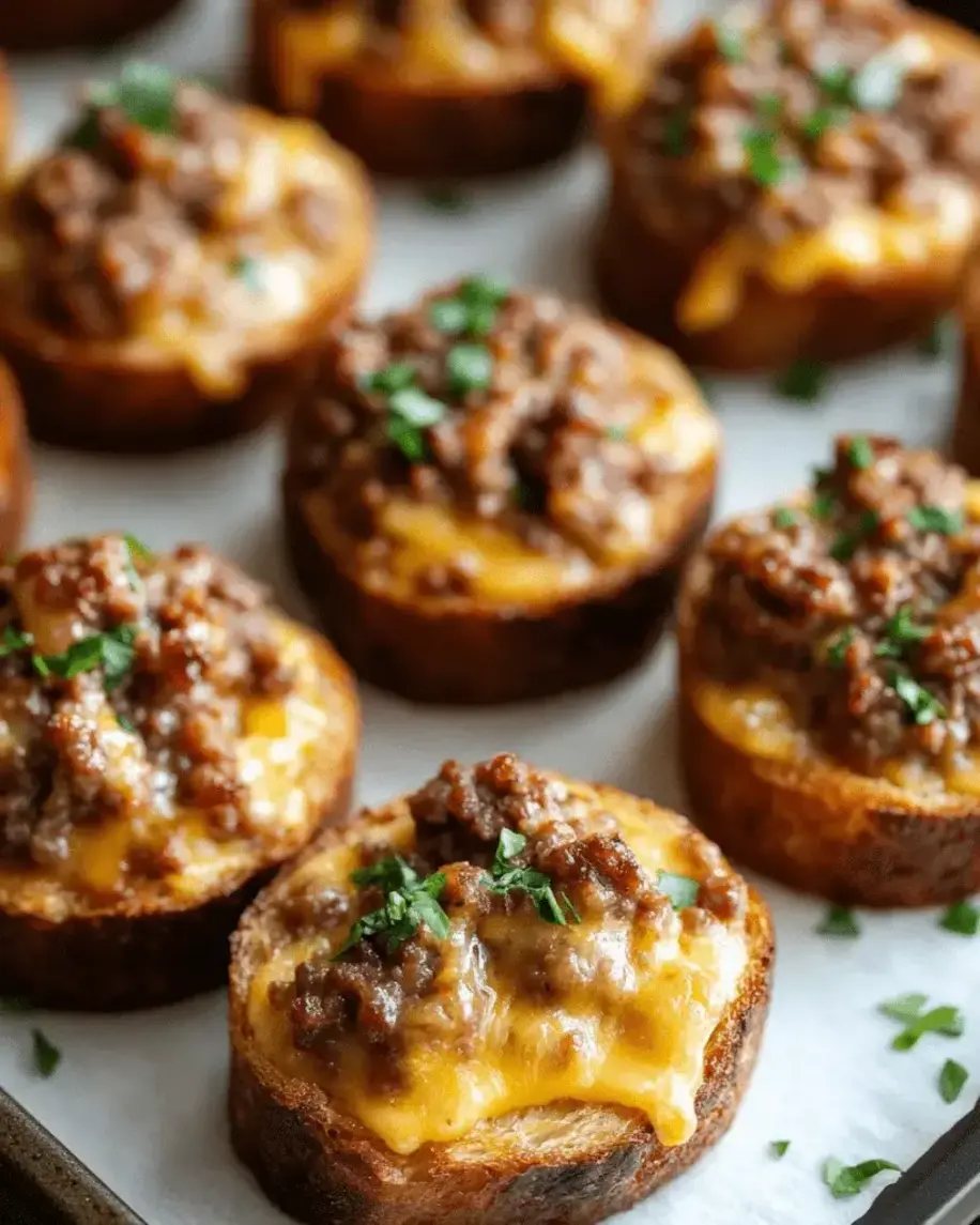 Platter of baked Hot Sausage and Beef Party Bites ready to serve, garnished with herbs.