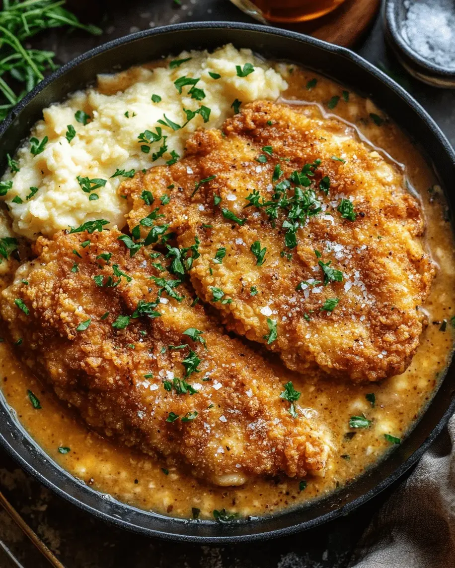Golden crispy country fried chicken served with sides
