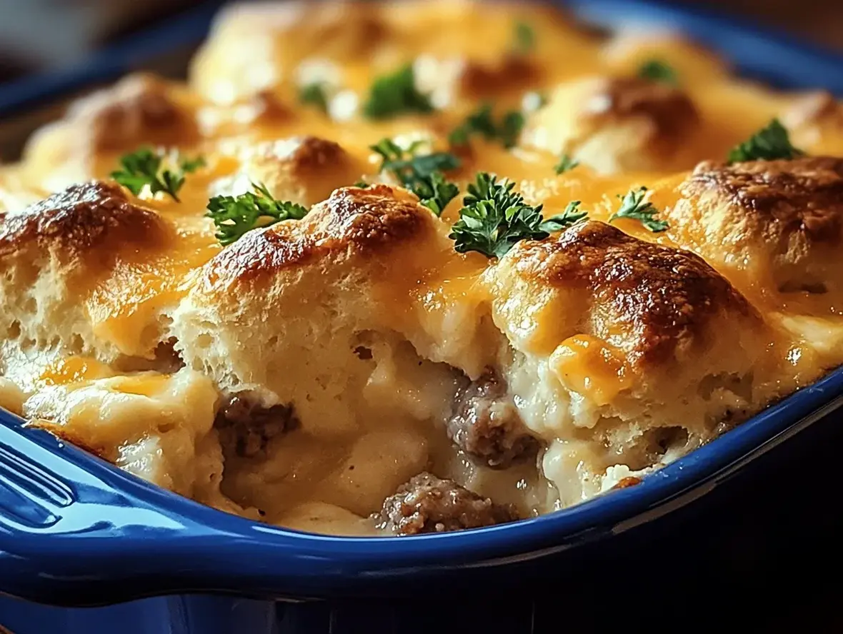 Biscuits and gravy casserole in a baking dish, golden brown and bubbly, with a few biscuits showing.