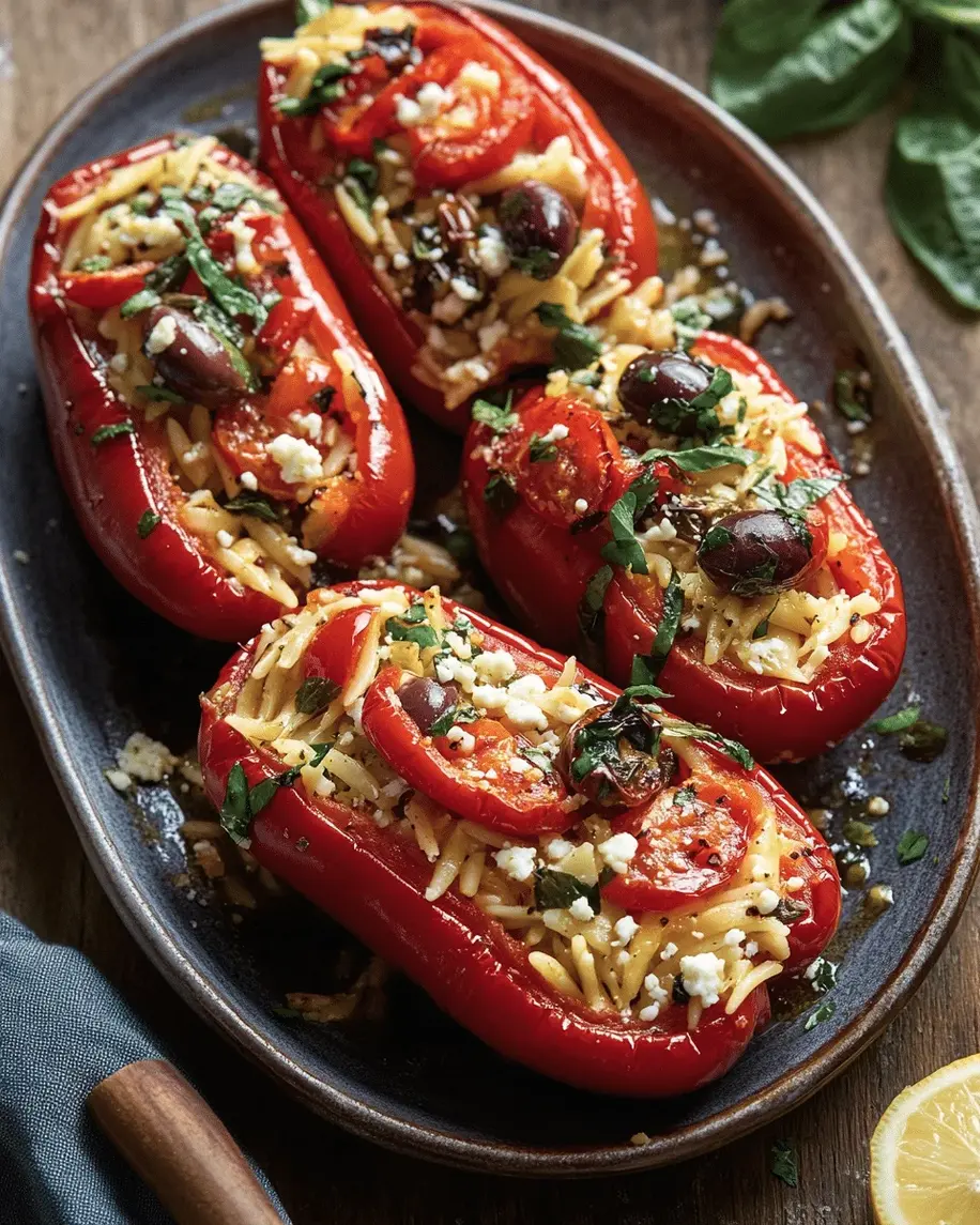 Close-up of Roasted Red Pepper Stuffed with Orzo and Feta, showcasing the caramelized peppers and cheesy filling.