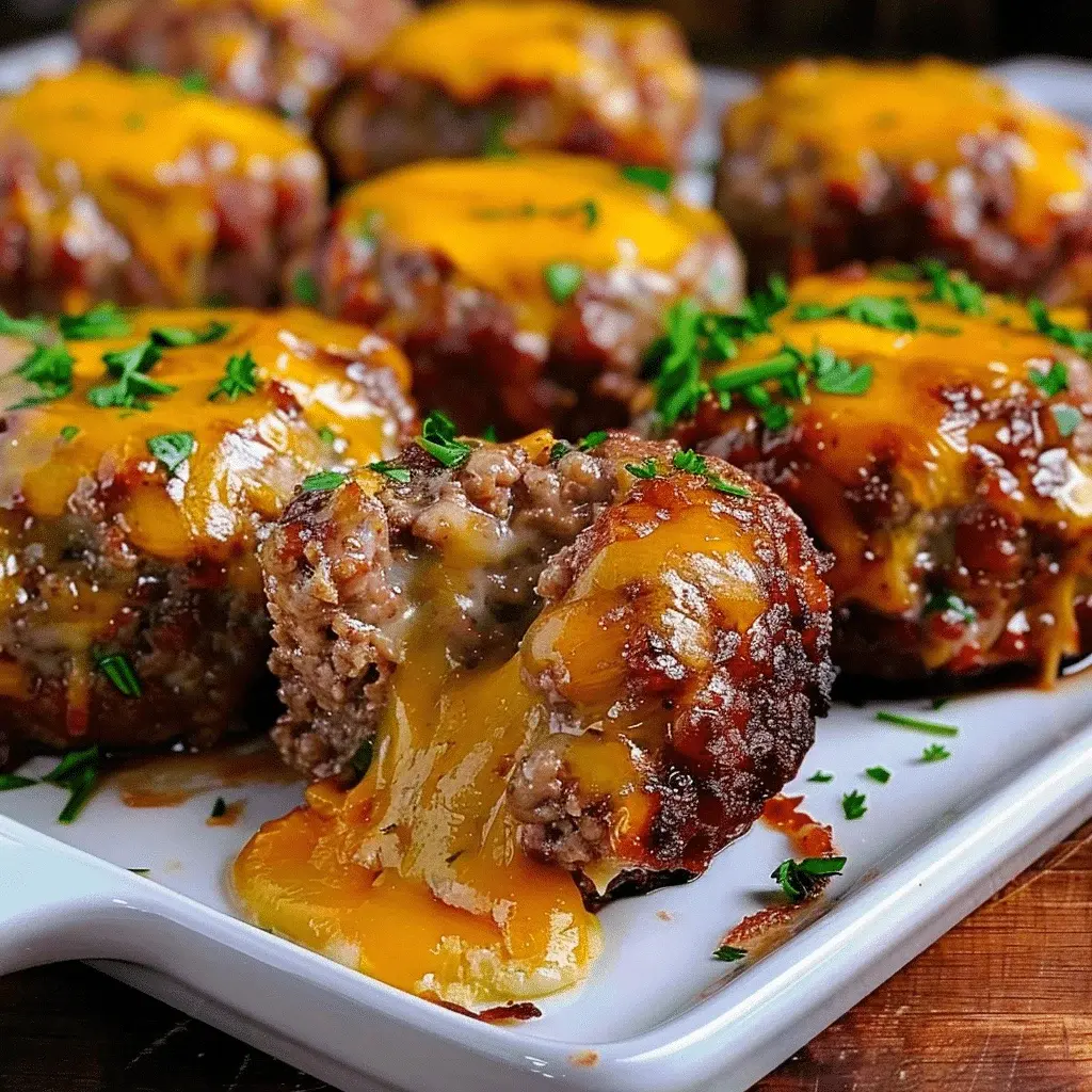 Served Cheesy Stuffed Meatloaf Bites with garnishes