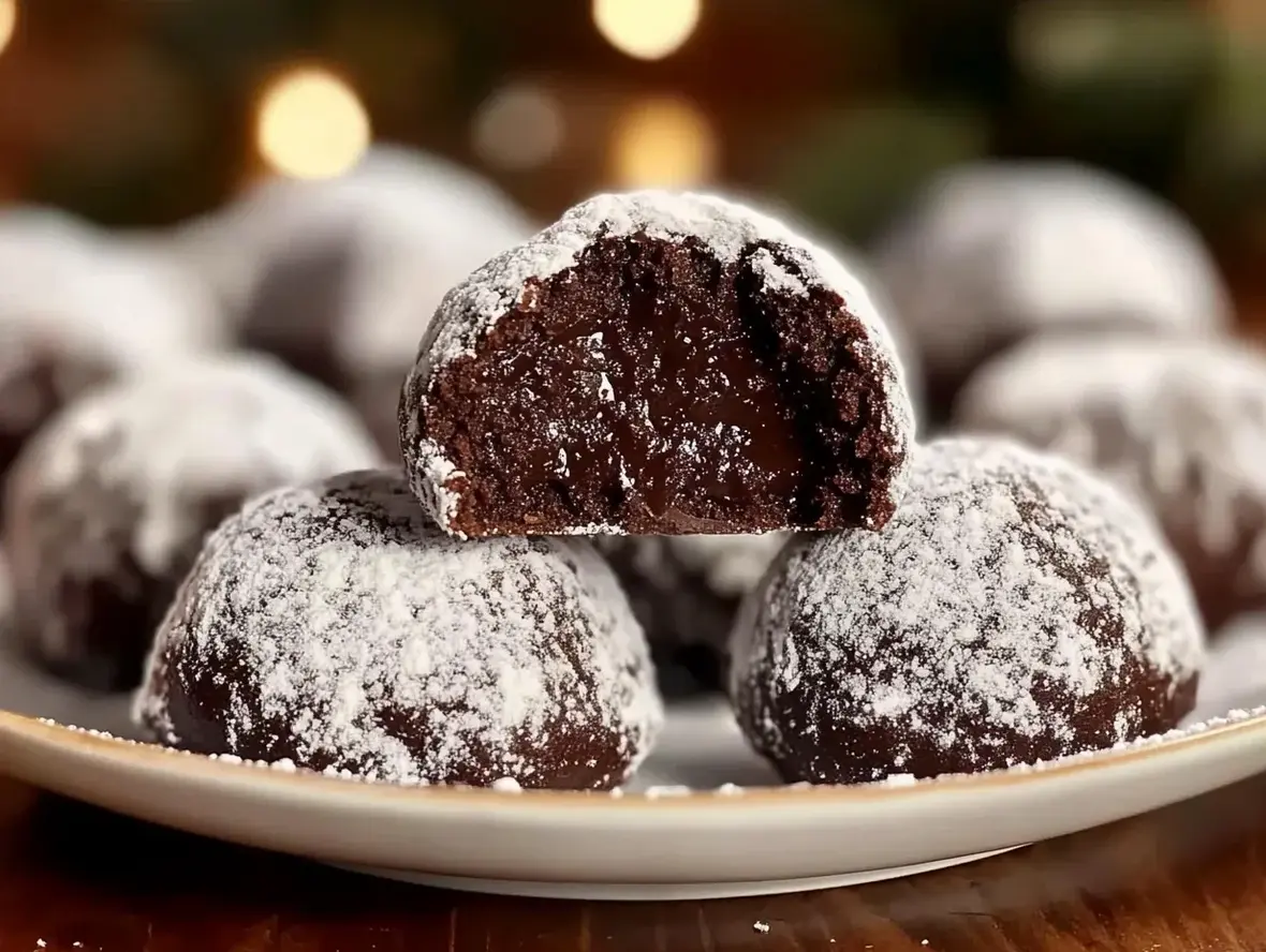 Delicious Chocolate Snowball Cookies dusted with powdered sugar on a festive plate.