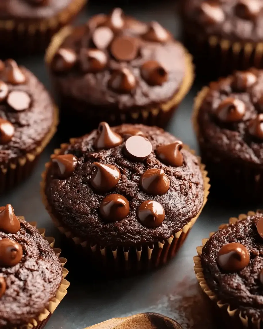 A close-up view of moist double chocolate muffins fresh out of the oven, showcasing their golden tops and chocolate chips.