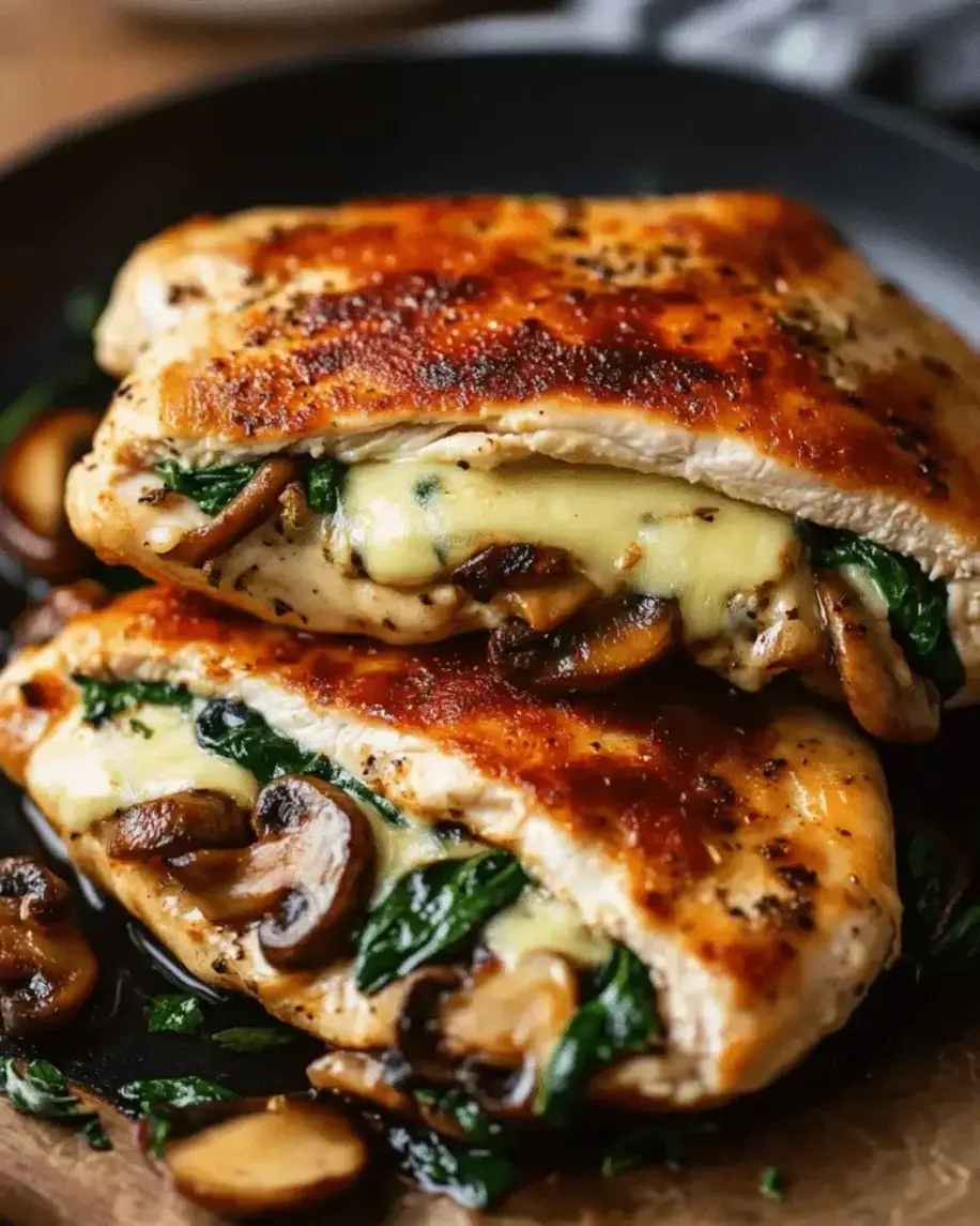 Close-up of the stuffed chicken breast sliced open, revealing the melted mozzarella and veggie filling, perfect for visual appeal in the recipe post.