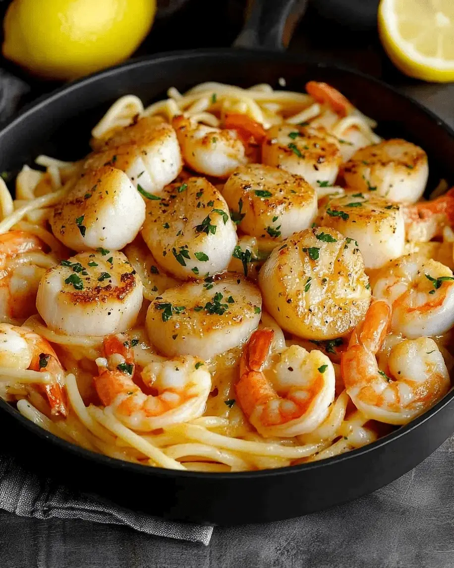 Garlic Butter Scallop and Shrimp Pasta - Plated with garnish