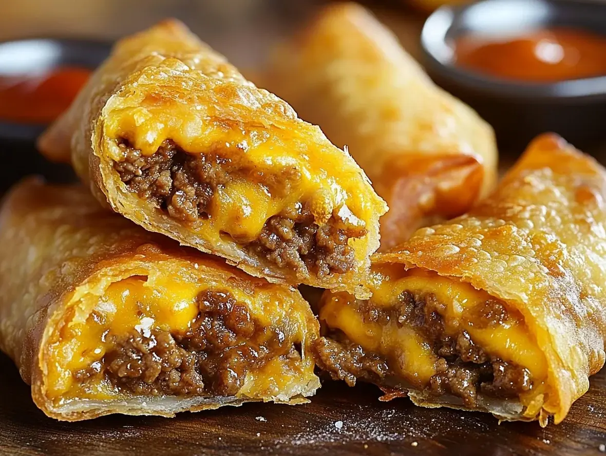 Delicious Cheeseburger Egg Rolls plated with dipping sauce on a checkered tablecloth, showcasing their golden-brown crispy exterior.