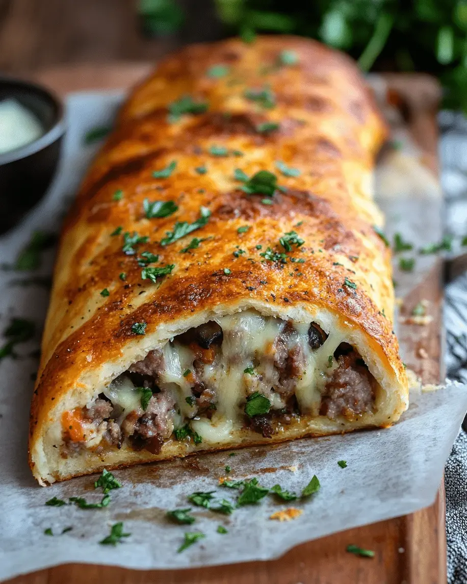 Close-up of freshly baked keto sausage and cheese calzone with crispy edges