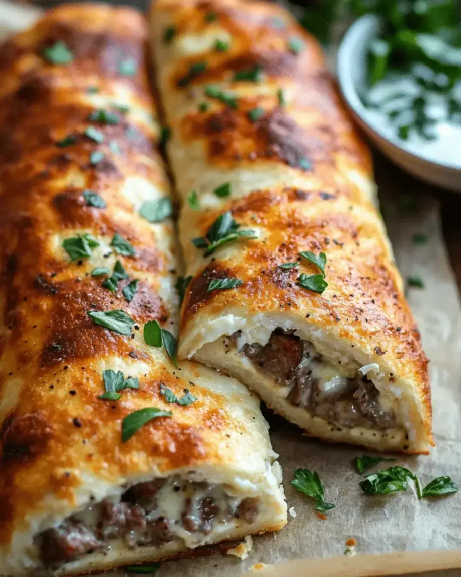 Sliced keto calzone on a plate with fresh greens, showing the cheesy inside