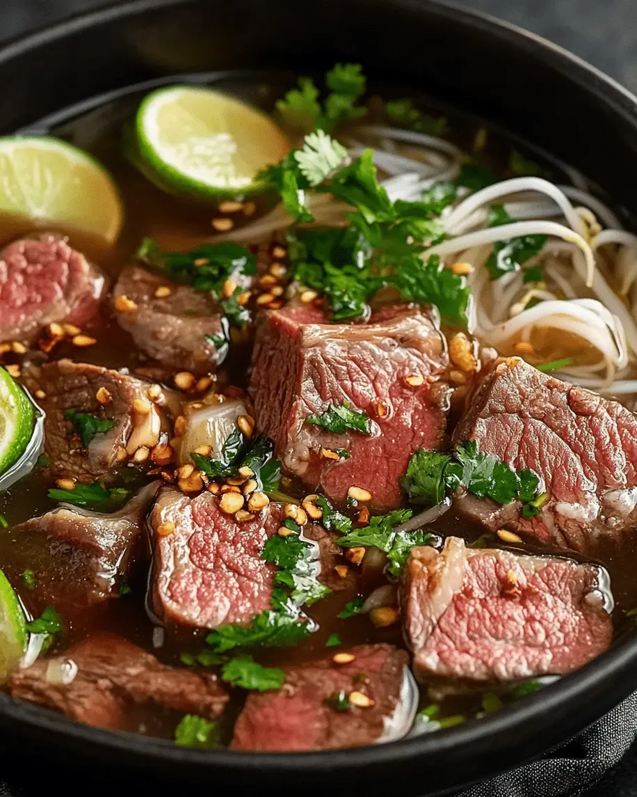 Close-up of simmering beef pho broth with aromatic spices floating in it