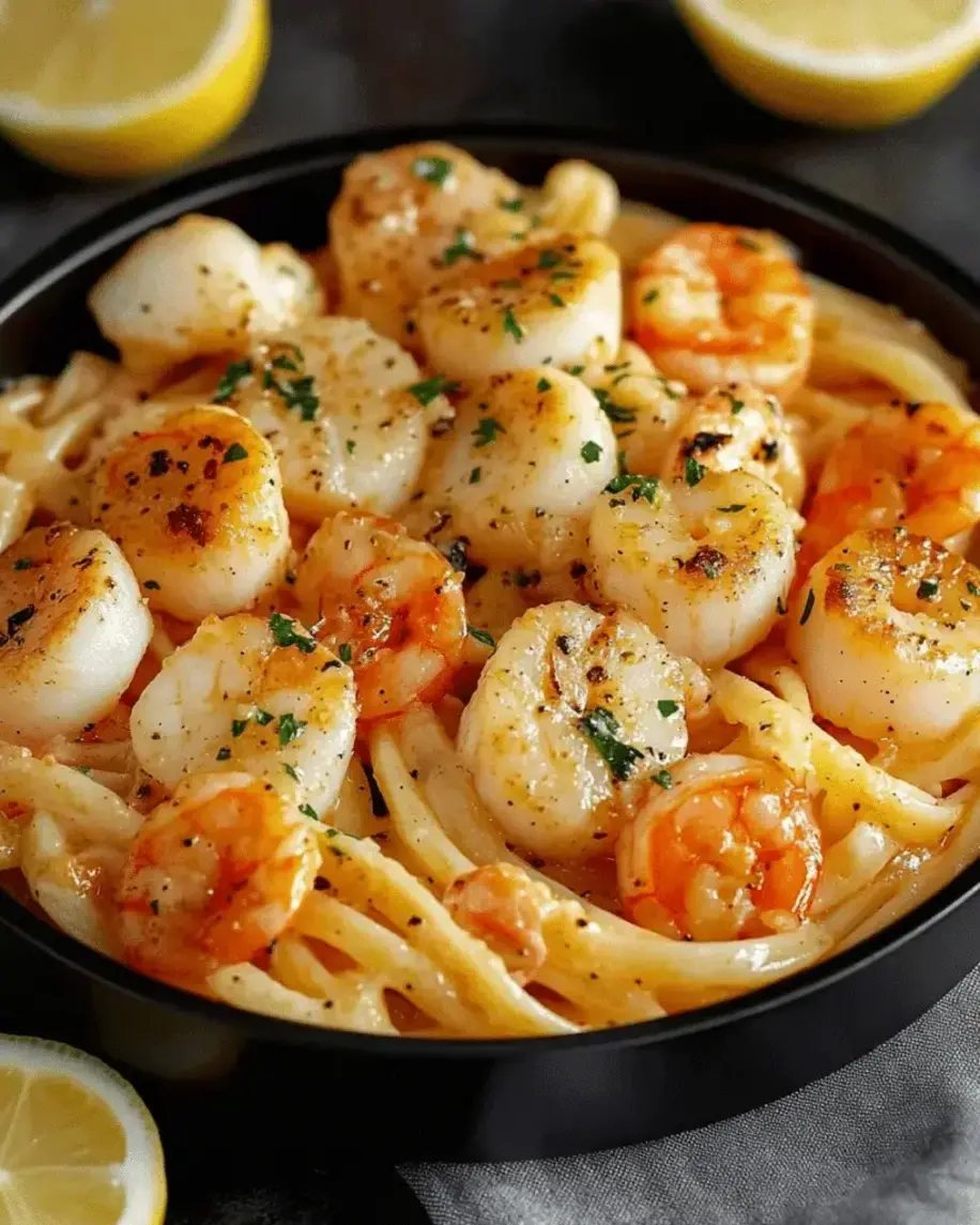 Garlic Butter Scallop and Shrimp Pasta - Close-up of sauce and seafood
