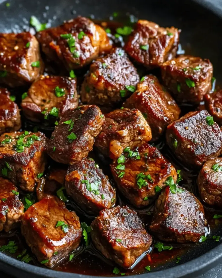 Plated Garlic Butter Steak Bites with garnish for an appetizing final view