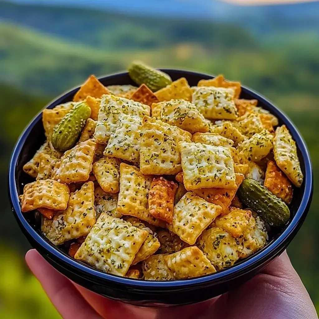 A close-up shot of Dill Pickle Chex Mix, showing a variety of crunchy ingredients coated in seasoning.